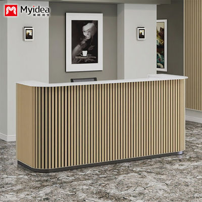 Wooden grille and white mountain patterned rock slab front desk, lobby reception desk support customization