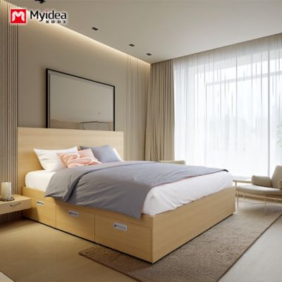 Modern Minimalist Multifunctional Bed with Drawer Cabinet, Cream Wind Leather Art Bed, Small-sized Three Drawer Double Bed
