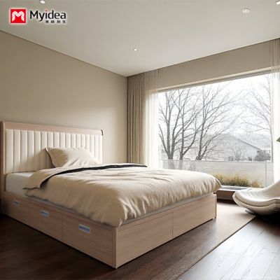 Modern Minimalist Multifunctional Bed with Drawer Cabinet, Cream Wind Leather Art Bed, Small-sized Three Drawer Double Bed