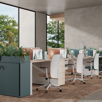 Two People Facing Each Other, Four People, Office Desk With Drawers, Company Staff Desk With Desk Screen, Staff Desk, Computer Desk