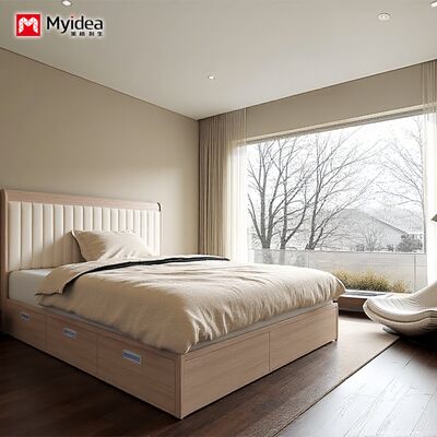 Modern Mnimalist Multfunctional Bed with Drawer Cabinet, Cream Wind Leather Art Bed, Small-sized Three Drawer Double Bed