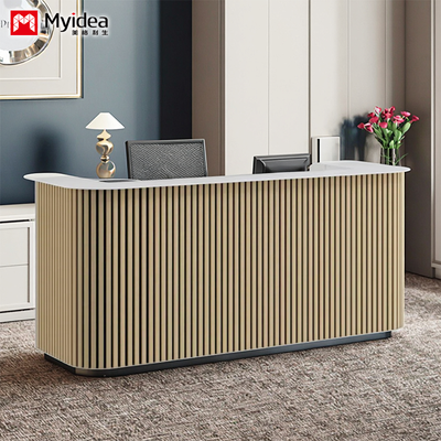 ustomization Wooden Grating Front Desk Office Reception Desk, White Mountain Patterned Rock Board, Modern and Simple Reception Desk