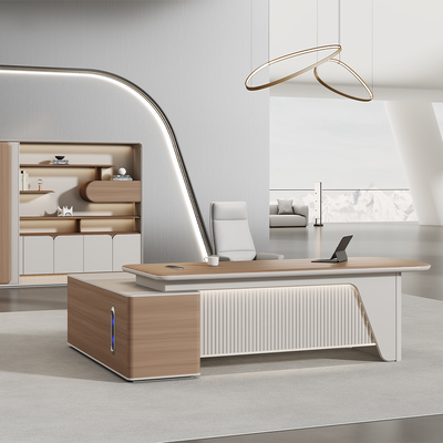 satın al Modern PVC Kaplı Eğimli Üst Patron Masası ️ Boyalı Laç yüzeyi, Sesle Etkinleştirilmiş LED Çevre Işığı online manufacture