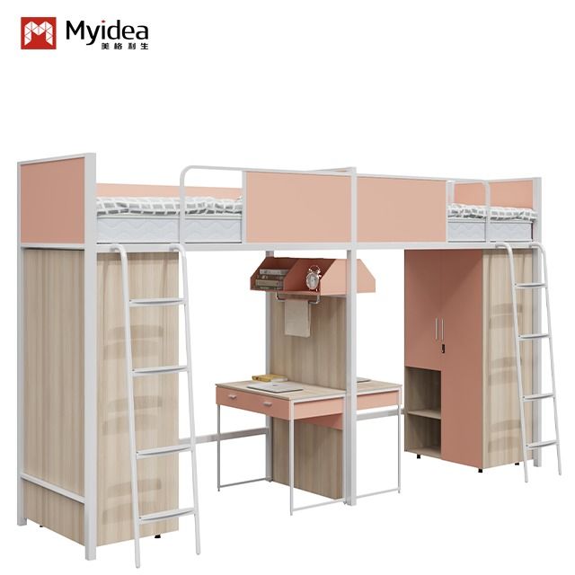 Steel Wood Combination Bunk Bed with Built-in Desk/Storage Space and Assembly Required for University Dormitory