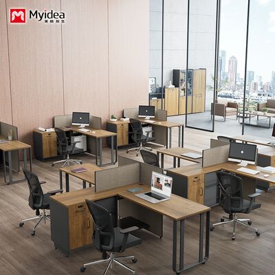 Çelik ayaklı, depolama yan dolaplı, iki kişilik ofis masası, melamin levha malzemeden personel masası