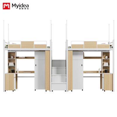 Yatak ve masa, büyük depolama alanı, kalınlaştırılmış tezgah, yuvarlak çivi, depolama için mühürlü kenarlar, merdivenler ve yüksek koruyucular